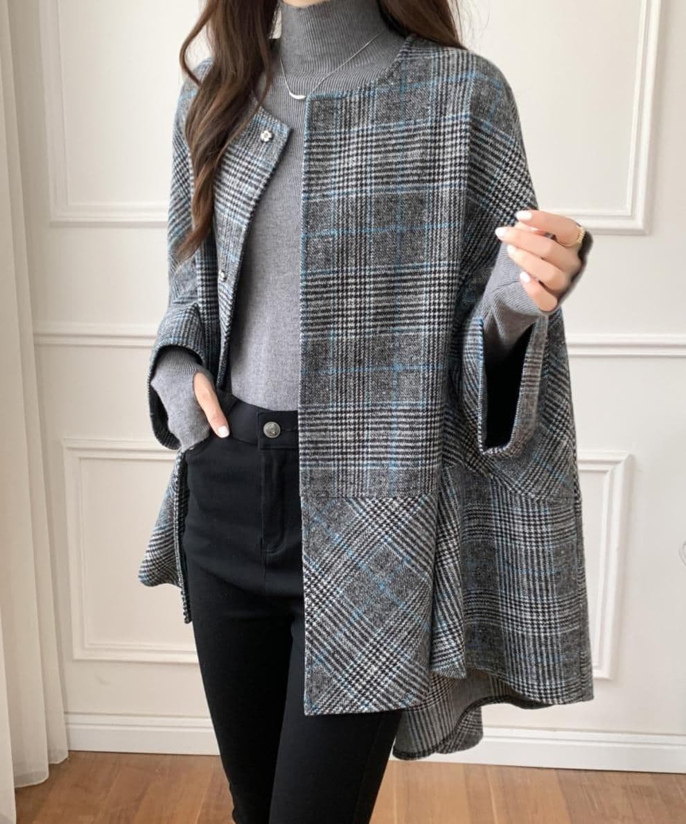 イエベ秋服 千鳥格子柄ノーカラーオーバーサイズコート