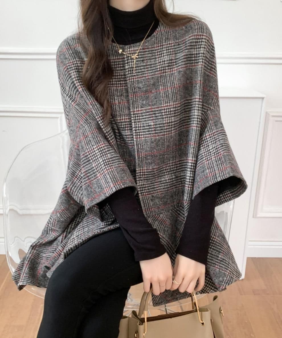 イエベ秋服 千鳥格子柄ノーカラーオーバーサイズコート