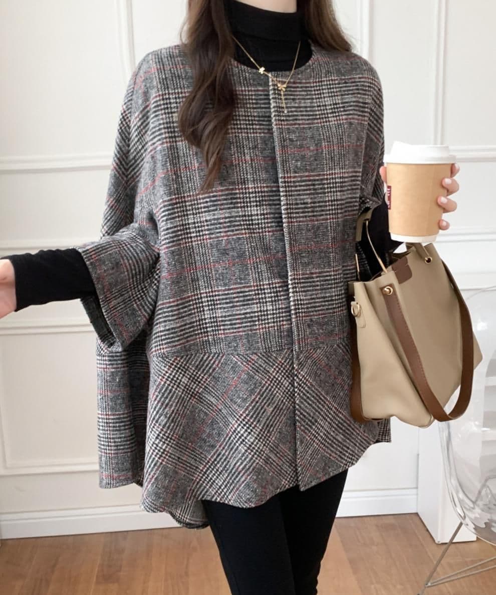 イエベ秋服 千鳥格子柄ノーカラーオーバーサイズコート