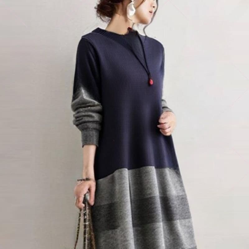 イエベ秋服 上品なバイカラーニット切り替え長袖マキシワンピース