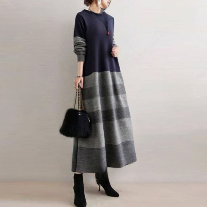 イエベ秋服 上品なバイカラーニット切り替え長袖マキシワンピース