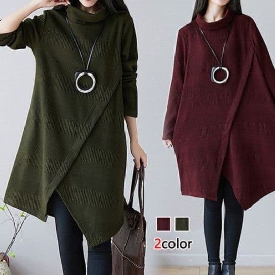 イエベ春/イエベ秋服 アシンメトリー裾デザインタートルネックニットワンピース
