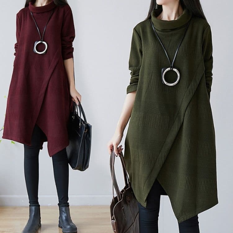 イエベ春/イエベ秋服 アシンメトリー裾デザインタートルネックニットワンピース