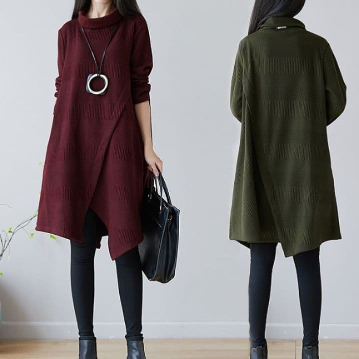 イエベ春/イエベ秋服 アシンメトリー裾デザインタートルネックニットワンピース