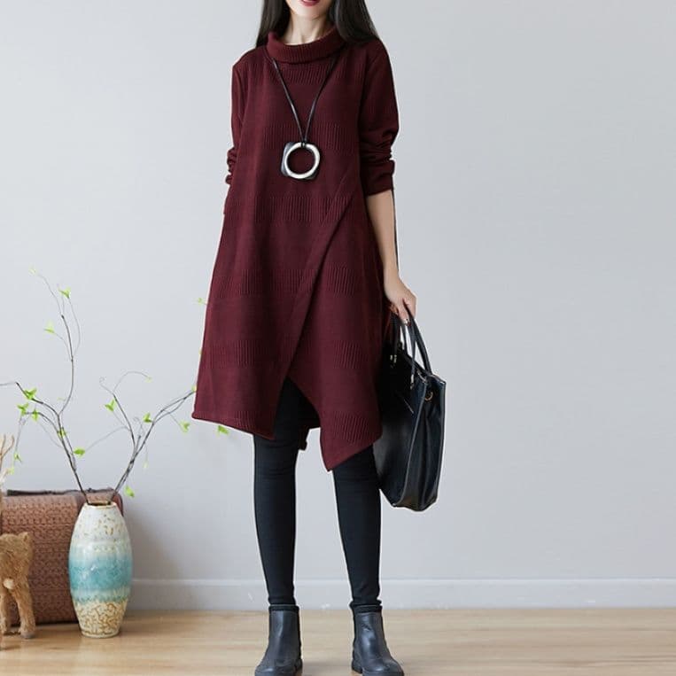 イエベ春/イエベ秋服 アシンメトリー裾デザインタートルネックニットワンピース