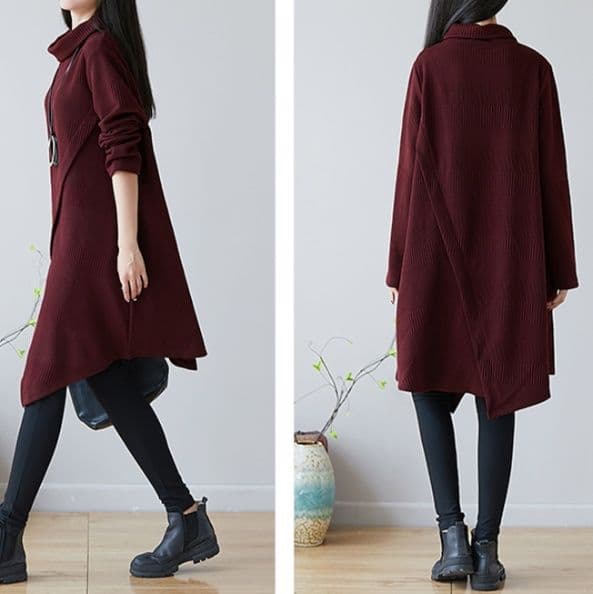 イエベ春/イエベ秋服 アシンメトリー裾デザインタートルネックニットワンピース