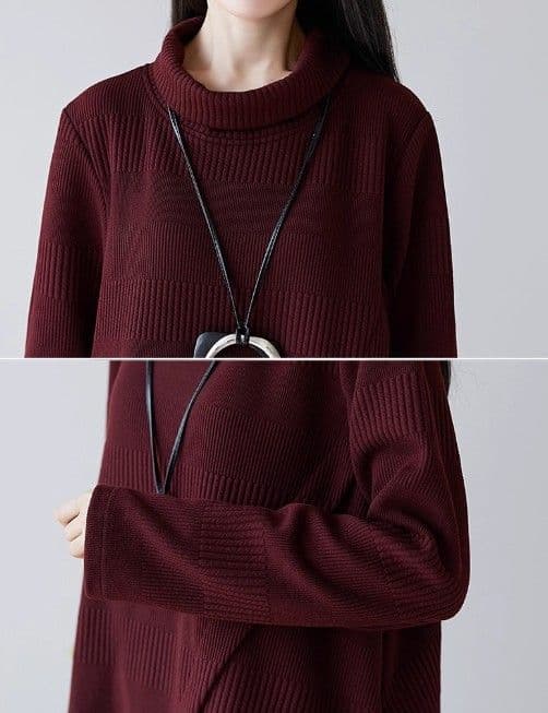 イエベ春/イエベ秋服 アシンメトリー裾デザインタートルネックニットワンピース