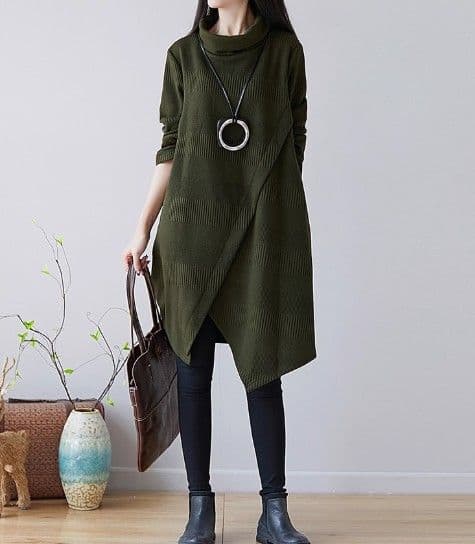 イエベ春/イエベ秋服 アシンメトリー裾デザインタートルネックニットワンピース