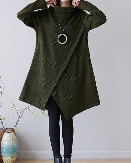 イエベ春/イエベ秋服 アシンメトリー裾デザインタートルネックニットワンピース