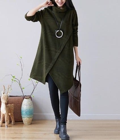 イエベ春/イエベ秋服 アシンメトリー裾デザインタートルネックニットワンピース