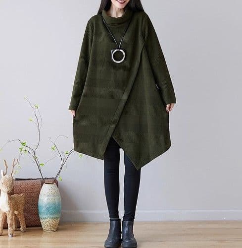 イエベ春/イエベ秋服 アシンメトリー裾デザインタートルネックニットワンピース