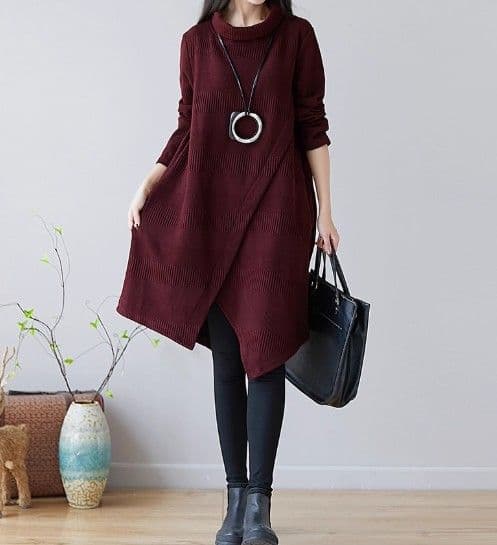 イエベ春/イエベ秋服 アシンメトリー裾デザインタートルネックニットワンピース