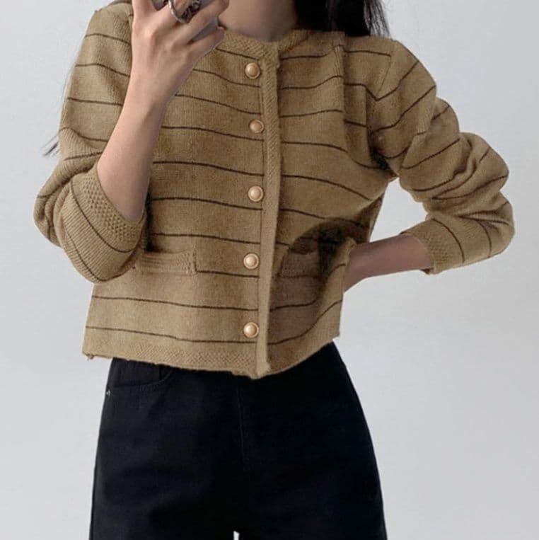 イエベ春/イエベ秋服 細ボーダー柄ニットカーディガン