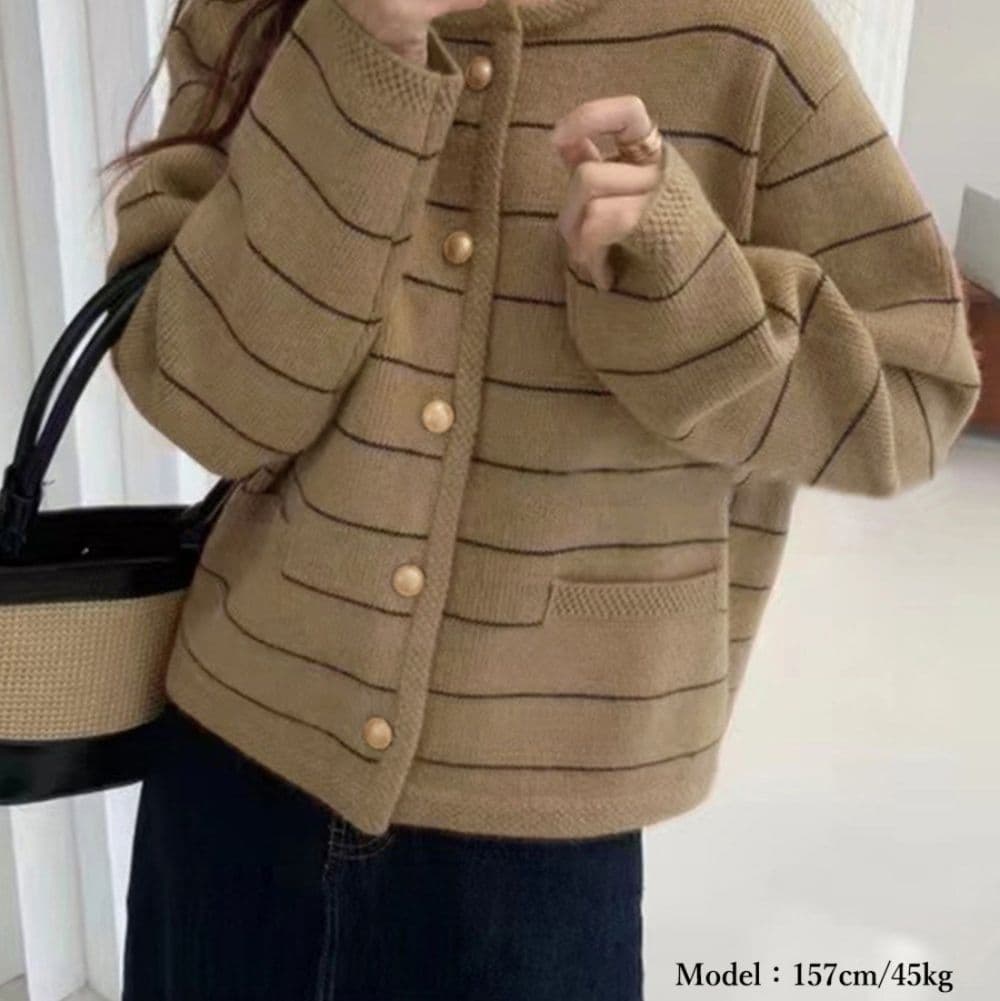イエベ春/イエベ秋服 細ボーダー柄ニットカーディガン