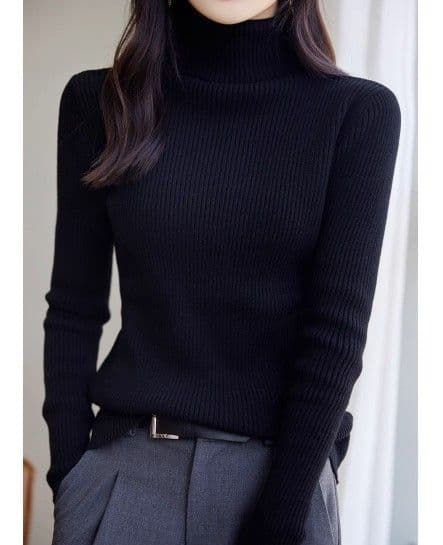 イエベ春/イエベ秋服 上品タートルネック縦リブニットトップス