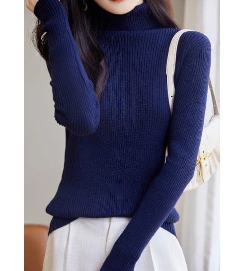イエベ春/イエベ秋服 上品タートルネック縦リブニットトップス