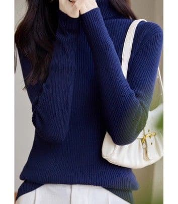 イエベ春/イエベ秋服 上品タートルネック縦リブニットトップス