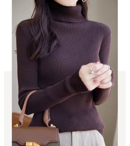 イエベ春/イエベ秋服 上品タートルネック縦リブニットトップス