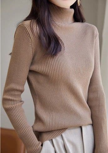 イエベ春/イエベ秋服 上品タートルネック縦リブニットトップス