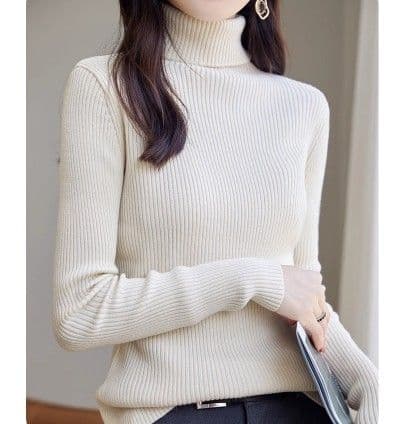 イエベ春/イエベ秋服 上品タートルネック縦リブニットトップス