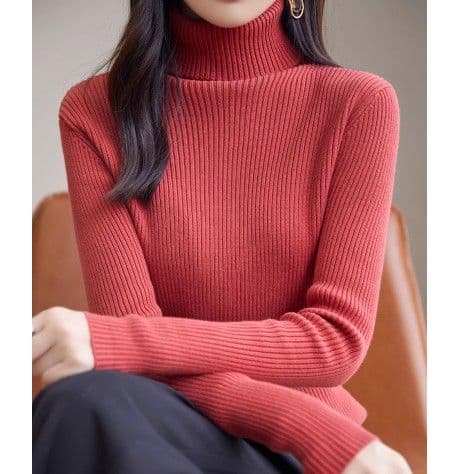イエベ春/イエベ秋服 上品タートルネック縦リブニットトップス