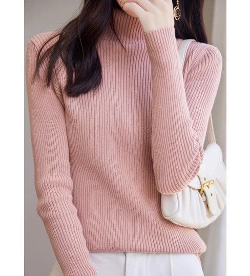 イエベ春/イエベ秋服 上品タートルネック縦リブニットトップス