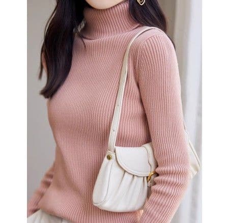 イエベ春/イエベ秋服 上品タートルネック縦リブニットトップス