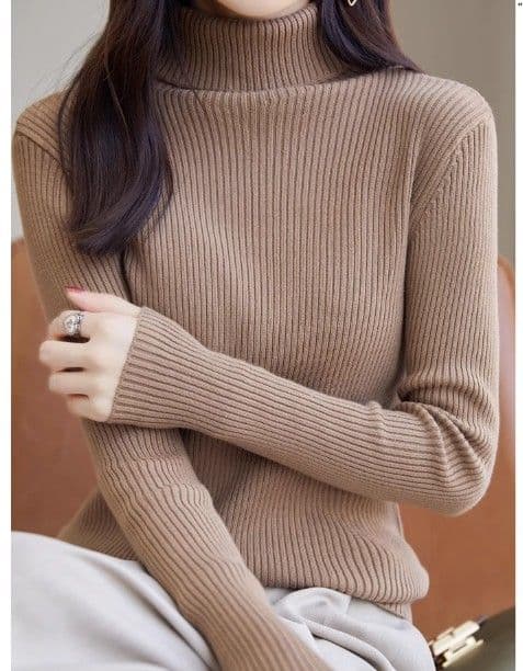 イエベ春/イエベ秋服 上品タートルネック縦リブニットトップス