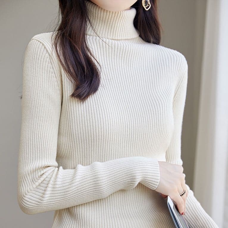 イエベ春/イエベ秋服 上品タートルネック縦リブニットトップス