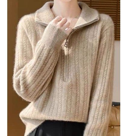イエベ春/イエベ秋服 ケーブル編みフード付きハーフジップニット