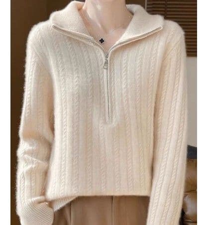 イエベ春/イエベ秋服 ケーブル編みフード付きハーフジップニット