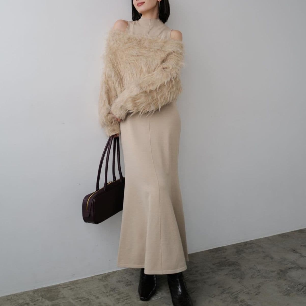 イエベ春/イエベ秋服 ファー風ニットカーディガン+ベストワンピースセット