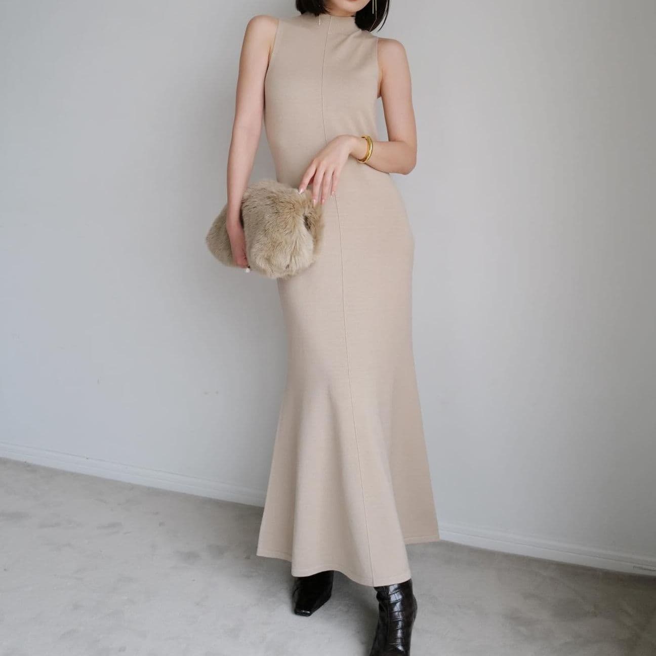 イエベ春/イエベ秋服 ファー風ニットカーディガン+ベストワンピースセット
