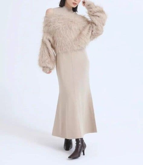 イエベ春/イエベ秋服 ファー風ニットカーディガン+ベストワンピースセット