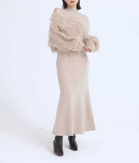 イエベ春/イエベ秋服 ファー風ニットカーディガン+ベストワンピースセット