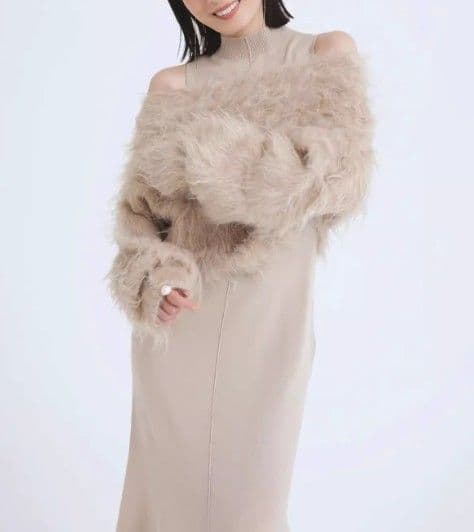 イエベ春/イエベ秋服 ファー風ニットカーディガン+ベストワンピースセット