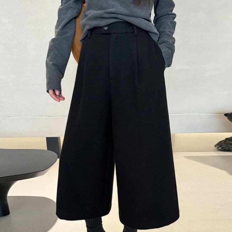イエベ秋服 上品なウール風ワイドクロップド丈パンツ