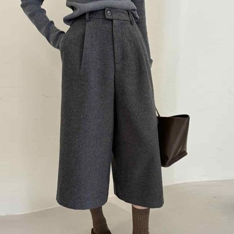 イエベ秋服 上品なウール風ワイドクロップド丈パンツ