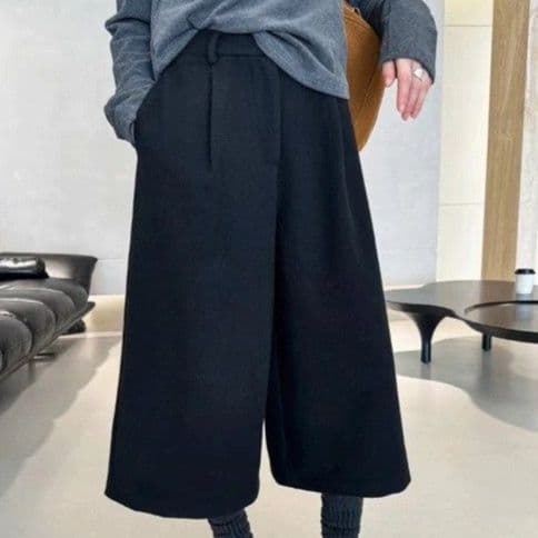 イエベ秋服 上品なウール風ワイドクロップド丈パンツ