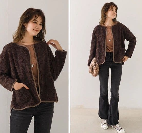 イエベ春/イエベ秋服 もこもこボア素材ノーカラージップジャケット
