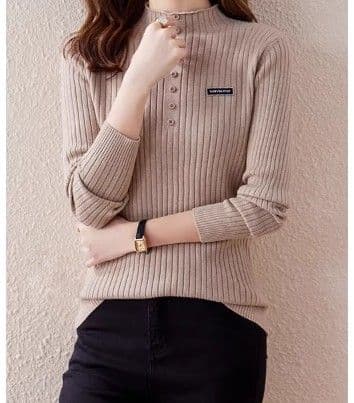 イエベ春/イエベ秋服 リブ編み前開きボタン付きハイネックニット