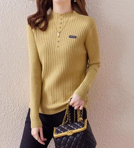 イエベ春/イエベ秋服 リブ編み前開きボタン付きハイネックニット
