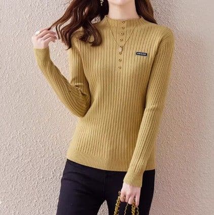 イエベ春/イエベ秋服 リブ編み前開きボタン付きハイネックニット