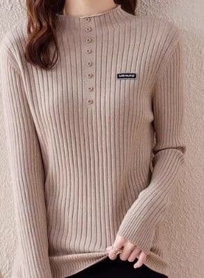 イエベ春/イエベ秋服 リブ編み前開きボタン付きハイネックニット