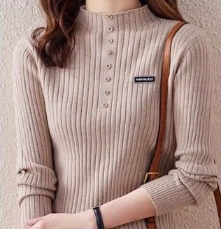 イエベ春/イエベ秋服 リブ編み前開きボタン付きハイネックニット