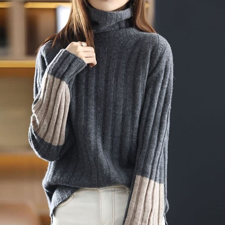 イエベ秋服 配色切替えリブ編みタートルネックニット