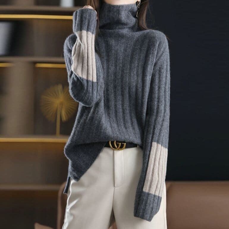 イエベ秋服 配色切替えリブ編みタートルネックニット