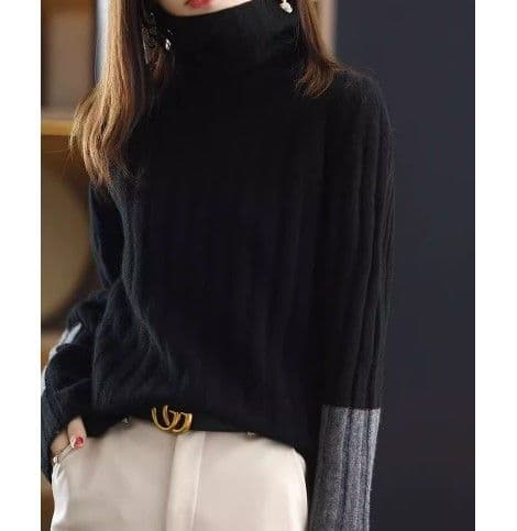 イエベ秋服 配色切替えリブ編みタートルネックニット