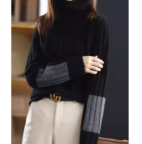 イエベ秋服 配色切替えリブ編みタートルネックニット