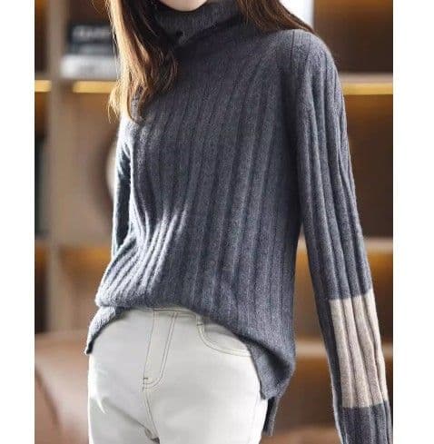 イエベ秋服 配色切替えリブ編みタートルネックニット